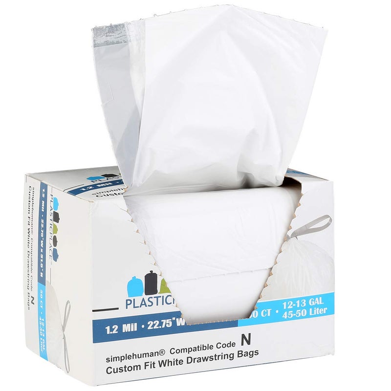 Plasticplace Custom Fit Trash Bags, Compatible with simplehuman Code N (50 Count) White Drawstring Garbage Liners 12-13 Gallon / 45-50 Liters, 22.5" x 31.5" - Image 3